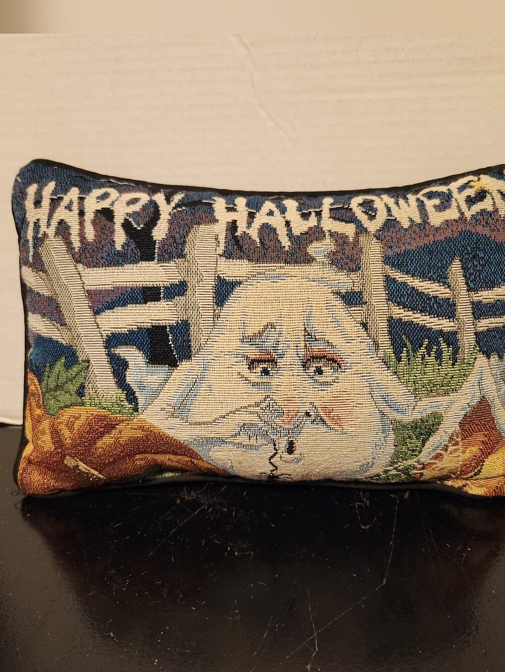 Vintage Happy Halloween Needlepoint Ghost  Pumpkin Spider Small Decor Pillow